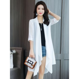 女性用軽量シフォンカーディガン - 夏のブラックショールラップ、オープンフロント、3/4スリーブ、ゆったりフィット、アсимメトリー裾、カジュアル日焼け防止アウター