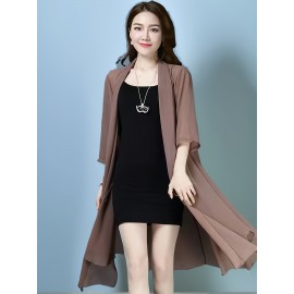 女性用軽量シフォンカーディガン - 夏のブラックショールラップ、オープンフロント、3/4スリーブ、ゆったりフィット、アсимメトリー裾、カジュアル日焼け防止アウター