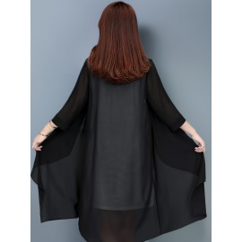 女性用軽量シフォンカーディガン - 夏のブラックショールラップ、オープンフロント、3/4スリーブ、ゆったりフィット、アсимメトリー裾、カジュアル日焼け防止アウター