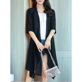 女性用軽量シフォンカーディガン - 夏のブラックショールラップ、オープンフロント、3/4スリーブ、ゆったりフィット、アсимメトリー裾、カジュアル日焼け防止アウター