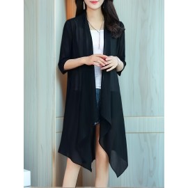 女性用軽量シフォンカーディガン - 夏のブラックショールラップ、オープンフロント、3/4スリーブ、ゆったりフィット、アсимメトリー裾、カジュアル日焼け防止アウター