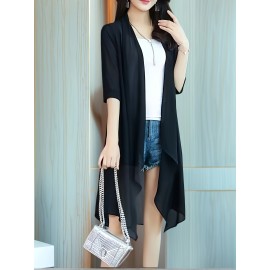 女性用軽量シフォンカーディガン - 夏のブラックショールラップ、オープンフロント、3/4スリーブ、ゆったりフィット、アсимメトリー裾、カジュアル日焼け防止アウター