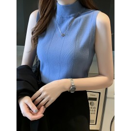 レディース スリムフィット ノースリーブ ニットベスト - ハーフハイカラー ストレッチ レイヤリング トップ、春/夏用 通気性Hシルエットデザイン、無地 カジュアルからドレスアップまで、レディースニットベスト