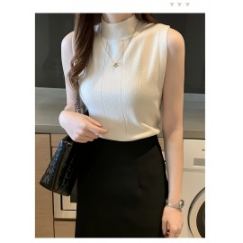 レディース スリムフィット ノースリーブ ニットベスト - ハーフハイカラー ストレッチ レイヤリング トップ、春/夏用 通気性Hシルエットデザイン、無地 カジュアルからドレスアップまで、レディースニットベスト