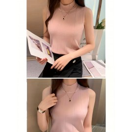 レディース スリムフィット ノースリーブ ニットベスト - ハーフハイカラー ストレッチ レイヤリング トップ、春/夏用 通気性Hシルエットデザイン、無地 カジュアルからドレスアップまで、レディースニットベスト