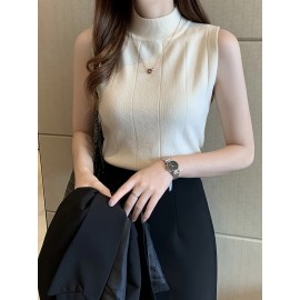 レディース スリムフィット ノースリーブ ニットベスト - ハーフハイカラー ストレッチ レイヤリング トップ、春/夏用 通気性Hシルエットデザイン、無地 カジュアルからドレスアップまで、レディースニットベスト