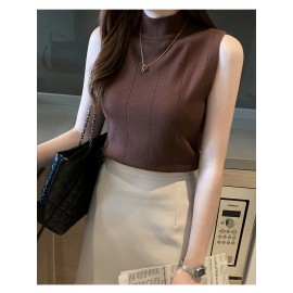 レディース スリムフィット ノースリーブ ニットベスト - ハーフハイカラー ストレッチ レイヤリング トップ、春/夏用 通気性Hシルエットデザイン、無地 カジュアルからドレスアップまで、レディースニットベスト