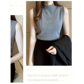 レディース スリムフィット ノースリーブ ニットベスト - ハーフハイカラー ストレッチ レイヤリング トップ、春/夏用 通気性Hシルエットデザイン、無地 カジュアルからドレスアップまで、レディースニットベスト