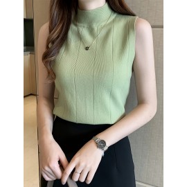 レディース スリムフィット ノースリーブ ニットベスト - ハーフハイカラー ストレッチ レイヤリング トップ、春/夏用 通気性Hシルエットデザイン、無地 カジュアルからドレスアップまで、レディースニットベスト