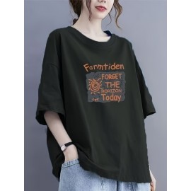ファームタイデン グラフィックプリント サマーTシャツ - カジュアル クルーネック 半袖、ゆったりフィット、ポリエステル、洗濯機可、ブラックにオレンジ文字、農家スタイル、カジュアルワードローブの定番 | グラフィックティー | ニット素材