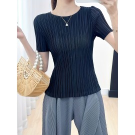 夏 レディース シックなグリーンプリーツ ラウンドネック 半袖トップ - スリミング無地、手入れ簡単ポリエステル、洗濯機＆ドライクリーニング可、胸部ディテール付き - カジュアルウェアに最適