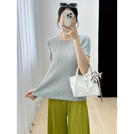 夏 レディース シックなグリーンプリーツ ラウンドネック 半袖トップ - スリミング無地、手入れ簡単ポリエステル、洗濯機＆ドライクリーニング可、胸部ディテール付き - カジュアルウェアに最適