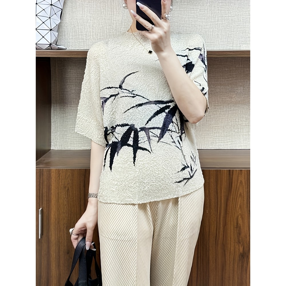 1pc 女性用カジュアル半袖Tシャツ、花柄プリント、丸首、ポリエステル、レギュラー丈、夏用ファッションゆったりフィットトップ 1pc 女性用カジュアル半袖Tシャツ、花柄プリント、丸首、ポリエステル、レギュラー丈、夏用ファッションゆったりフィットトップ