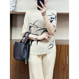 1pc 女性用カジュアル半袖Tシャツ、花柄プリント、丸首、ポリエステル、レギュラー丈、夏用ファッションゆったりフィットトップ