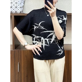 1pc 女性用カジュアル半袖Tシャツ、花柄プリント、丸首、ポリエステル、レギュラー丈、夏用ファッションゆったりフィットトップ