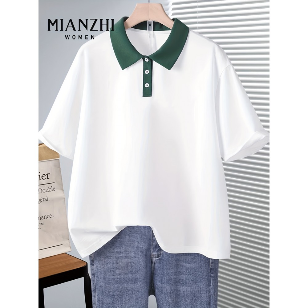 ミアンジ レディース ブラウス - 夏用 カジュアル 半袖Tシャツ コントラストカラー、ブラック＆ホワイトトリム、洗濯機対応 レギュラーフィット