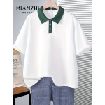ミアンジ レディース ブラウス - 夏用 カジュアル 半袖Tシャツ コントラストカラー、ブラック＆ホワイトトリム、洗濯機対応 レギュラーフィット