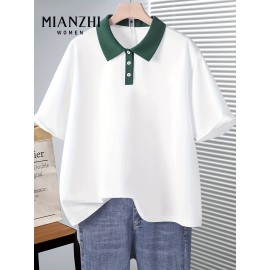 ミアンジ レディース ブラウス - 夏用 カジュアル 半袖Tシャツ コントラストカラー、ブラック＆ホワイトトリム、洗濯機対応 レギュラーフィット
