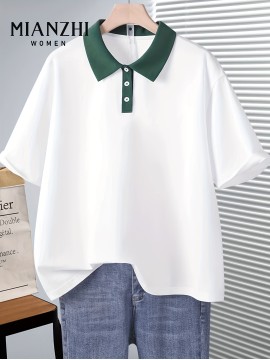 ミアンジ レディース ブラウス - 夏用 カジュアル 半袖Tシャツ コントラストカラー、ブラック&ホワイトトリム、洗濯機対応 レギュラーフィット