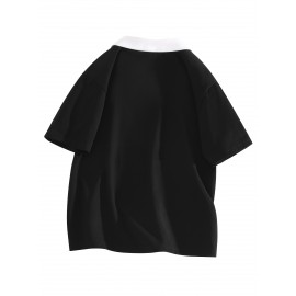 ミアンジ レディース ブラウス - 夏用 カジュアル 半袖Tシャツ コントラストカラー、ブラック＆ホワイトトリム、洗濯機対応 レギュラーフィット