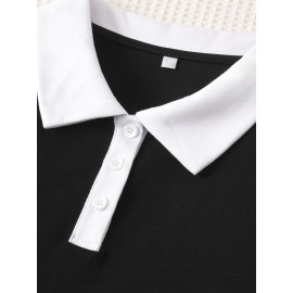 ミアンジ レディース ブラウス - 夏用 カジュアル 半袖Tシャツ コントラストカラー、ブラック＆ホワイトトリム、洗濯機対応 レギュラーフィット