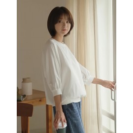 女性用カジュアル長袖Tシャツ ボタンディテール付き - 無地、クルーネック、軽量＆通気性、秋に最適、洗濯機可、カジュアルウェア | 無地トップス | 生地、レディースTシャツ