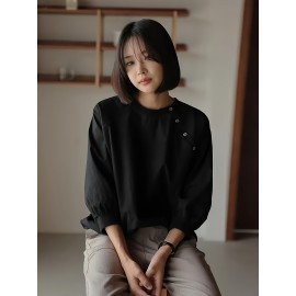 女性用カジュアル長袖Tシャツ ボタンディテール付き - 無地、クルーネック、軽量＆通気性、秋に最適、洗濯機可、カジュアルウェア | 無地トップス | 生地、レディースTシャツ