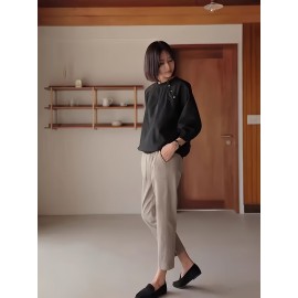 女性用カジュアル長袖Tシャツ ボタンディテール付き - 無地、クルーネック、軽量＆通気性、秋に最適、洗濯機可、カジュアルウェア | 無地トップス | 生地、レディースTシャツ
