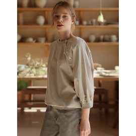 女性用カジュアル長袖Tシャツ ボタンディテール付き - 無地、クルーネック、軽量＆通気性、秋に最適、洗濯機可、カジュアルウェア | 無地トップス | 生地、レディースTシャツ