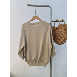 女性用カジュアル長袖Tシャツ ボタンディテール付き - 無地、クルーネック、軽量＆通気性、秋に最適、洗濯機可、カジュアルウェア | 無地トップス | 生地、レディースTシャツ