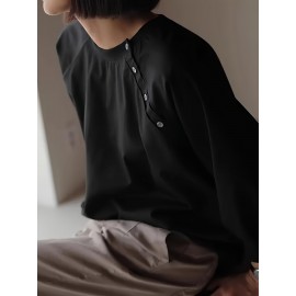 女性用カジュアル長袖Tシャツ ボタンディテール付き - 無地、クルーネック、軽量＆通気性、秋に最適、洗濯機可、カジュアルウェア | 無地トップス | 生地、レディースTシャツ