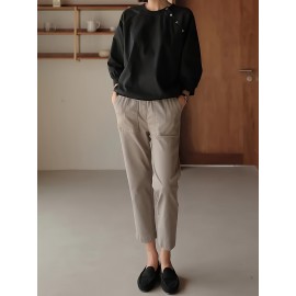 女性用カジュアル長袖Tシャツ ボタンディテール付き - 無地、クルーネック、軽量＆通気性、秋に最適、洗濯機可、カジュアルウェア | 無地トップス | 生地、レディースTシャツ