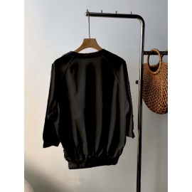 女性用カジュアル長袖Tシャツ ボタンディテール付き - 無地、クルーネック、軽量＆通気性、秋に最適、洗濯機可、カジュアルウェア | 無地トップス | 生地、レディースTシャツ