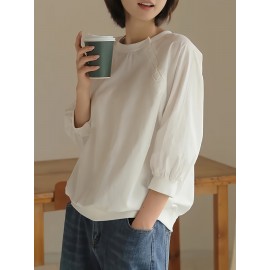 女性用カジュアル長袖Tシャツ ボタンディテール付き - 無地、クルーネック、軽量＆通気性、秋に最適、洗濯機可、カジュアルウェア | 無地トップス | 生地、レディースTシャツ
