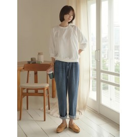 女性用カジュアル長袖Tシャツ ボタンディテール付き - 無地、クルーネック、軽量＆通気性、秋に最適、洗濯機可、カジュアルウェア | 無地トップス | 生地、レディースTシャツ
