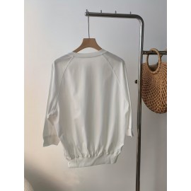 女性用カジュアル長袖Tシャツ ボタンディテール付き - 無地、クルーネック、軽量＆通気性、秋に最適、洗濯機可、カジュアルウェア | 無地トップス | 生地、レディースTシャツ