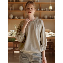 女性用カジュアル長袖Tシャツ ボタンディテール付き - 無地、クルーネック、軽量＆通気性、秋に最適、洗濯機可、カジュアルウェア | 無地トップス | 生地、レディースTシャツ