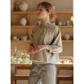 女性用カジュアル長袖Tシャツ ボタンディテール付き - 無地、クルーネック、軽量＆通気性、秋に最適、洗濯機可、カジュアルウェア | 無地トップス | 生地、レディースTシャツ