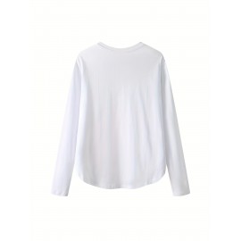 女性用カジュアル長袖Tシャツ、ハートデザイン付き - フリーサイズ、丸い首、秋・春用トップ、秋のカジュアルウェア | リラックスフィットトップ | 快適な服装