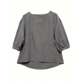 エレガントなチェックチュニックトップ、ゆったりシルエット、半袖、アシンメトリー