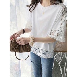かわいい日本の女性のための、の新作、半袖レース透かし彫り通気性ラウンドネックTシャツ、バットウィングスリーブ付き。