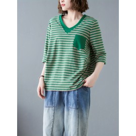女性用カジュアルVネックストライプTシャツ ポケット付き - ルーズフィット、半袖、ポリエステル混紡、洗濯機可 - グリーン＆ホワイト