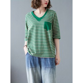 女性用カジュアルVネックストライプTシャツ ポケット付き - ルーズフィット、半袖、ポリエステル混紡、洗濯機可 - グリーン＆ホワイト