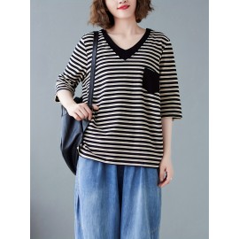 女性用カジュアルVネックストライプTシャツ ポケット付き - ルーズフィット、半袖、ポリエステル混紡、洗濯機可 - グリーン＆ホワイト