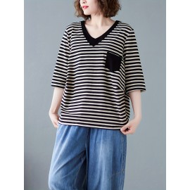 女性用カジュアルVネックストライプTシャツ ポケット付き - ルーズフィット、半袖、ポリエステル混紡、洗濯機可 - グリーン＆ホワイト