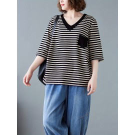 女性用カジュアルVネックストライプTシャツ ポケット付き - ルーズフィット、半袖、ポリエステル混紡、洗濯機可 - グリーン＆ホワイト