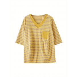 女性用カジュアルVネックストライプTシャツ ポケット付き - ルーズフィット、半袖、ポリエステル混紡、洗濯機可 - グリーン＆ホワイト