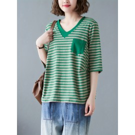女性用カジュアルVネックストライプTシャツ ポケット付き - ルーズフィット、半袖、ポリエステル混紡、洗濯機可 - グリーン＆ホワイト