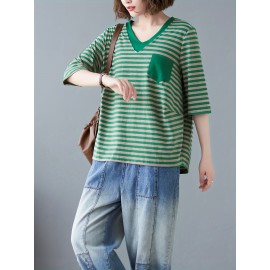 女性用カジュアルVネックストライプTシャツ ポケット付き - ルーズフィット、半袖、ポリエステル混紡、洗濯機可 - グリーン＆ホワイト