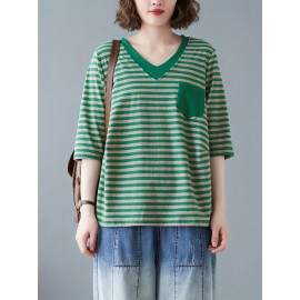 女性用カジュアルVネックストライプTシャツ ポケット付き - ルーズフィット、半袖、ポリエステル混紡、洗濯機可 - グリーン＆ホワイト